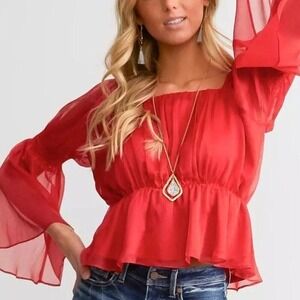 Willow & Root Women's Red Sheer Peplum Top Bell Sleeve XL